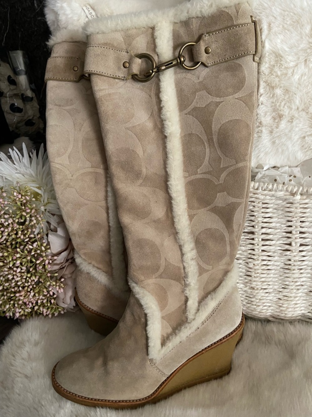 Coach Beige Signature Shearling Wedge Boots with Gold Hardware - Picture 2 of 16